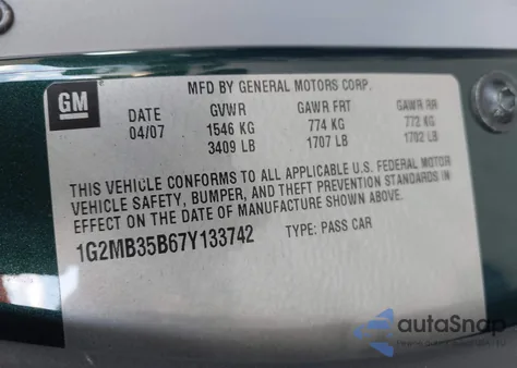 2007 Pontiac Solstice из США, поврежденный, VIN 1G2MB35B67Y133742